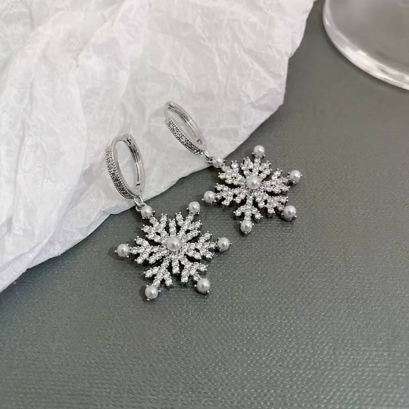 Luxury Sparking Crystal Snowflake Earrings For Women Shiny Zircon Imitation Pearl Earring Christmas New Year Party Jewelry Gifts