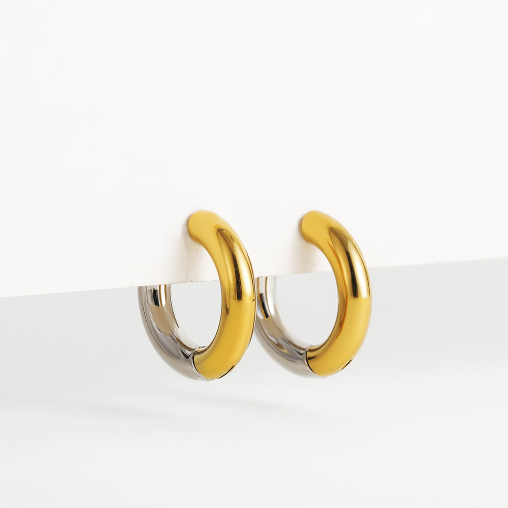 Punk Two Colors Stainless Steel Round Ring Huggies Earrings for Women Gold Plated Circle Hoop Ear Buckles Classic Solid Jewelry