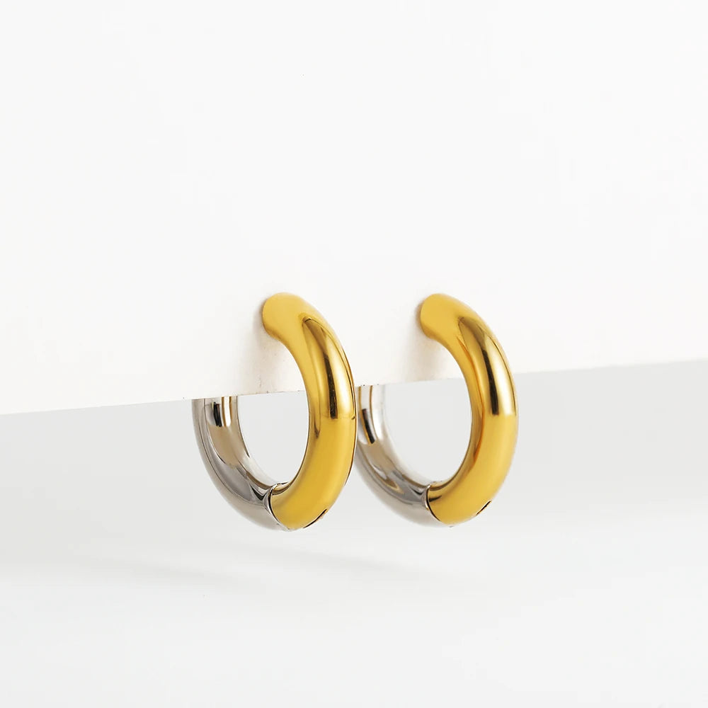 Punk Two Colors Stainless Steel Round Ring Huggies Earrings for Women Gold Plated Circle Hoop Ear Buckles Classic Solid Jewelry