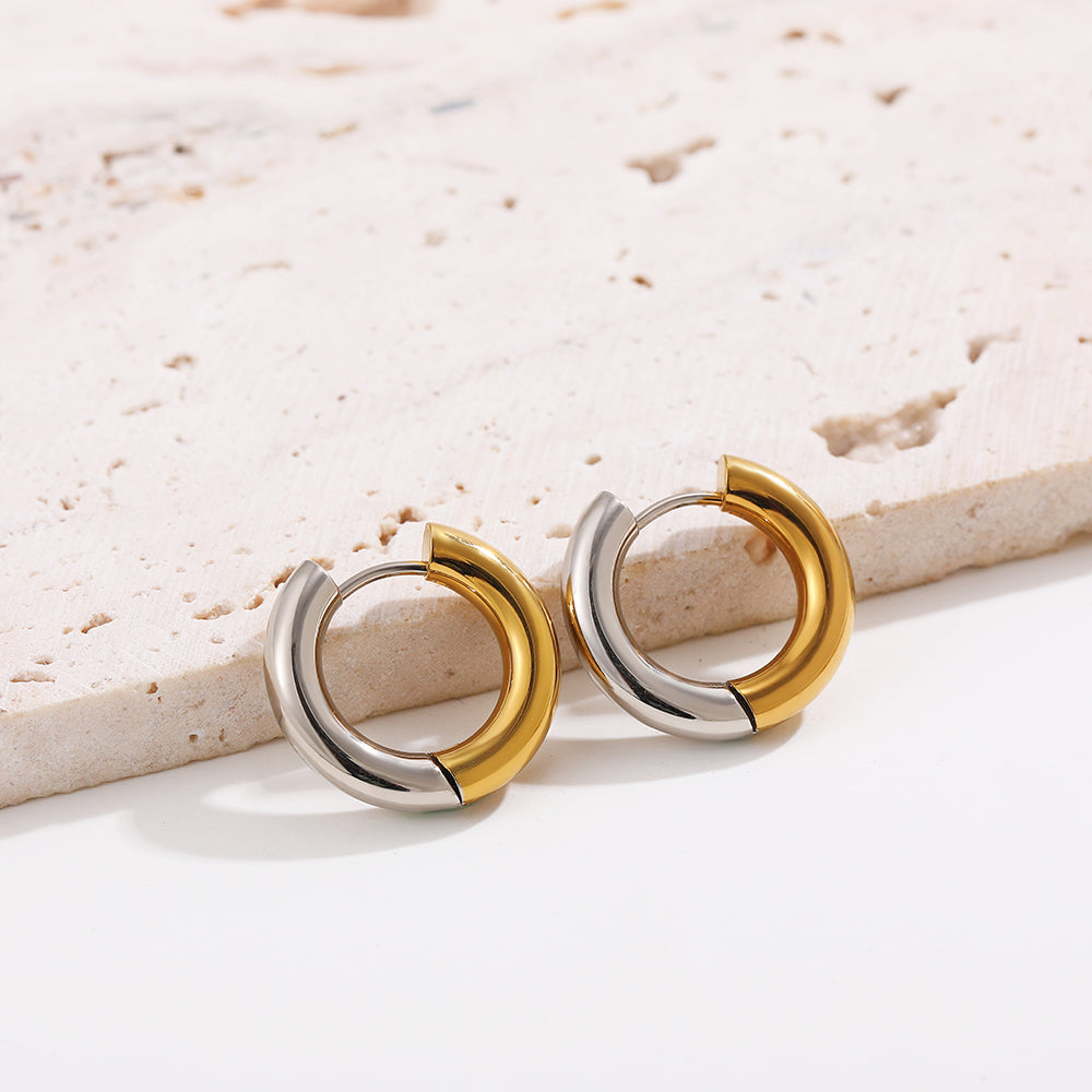 Punk Two Colors Stainless Steel Round Ring Huggies Earrings for Women Gold Plated Circle Hoop Ear Buckles Classic Solid Jewelry