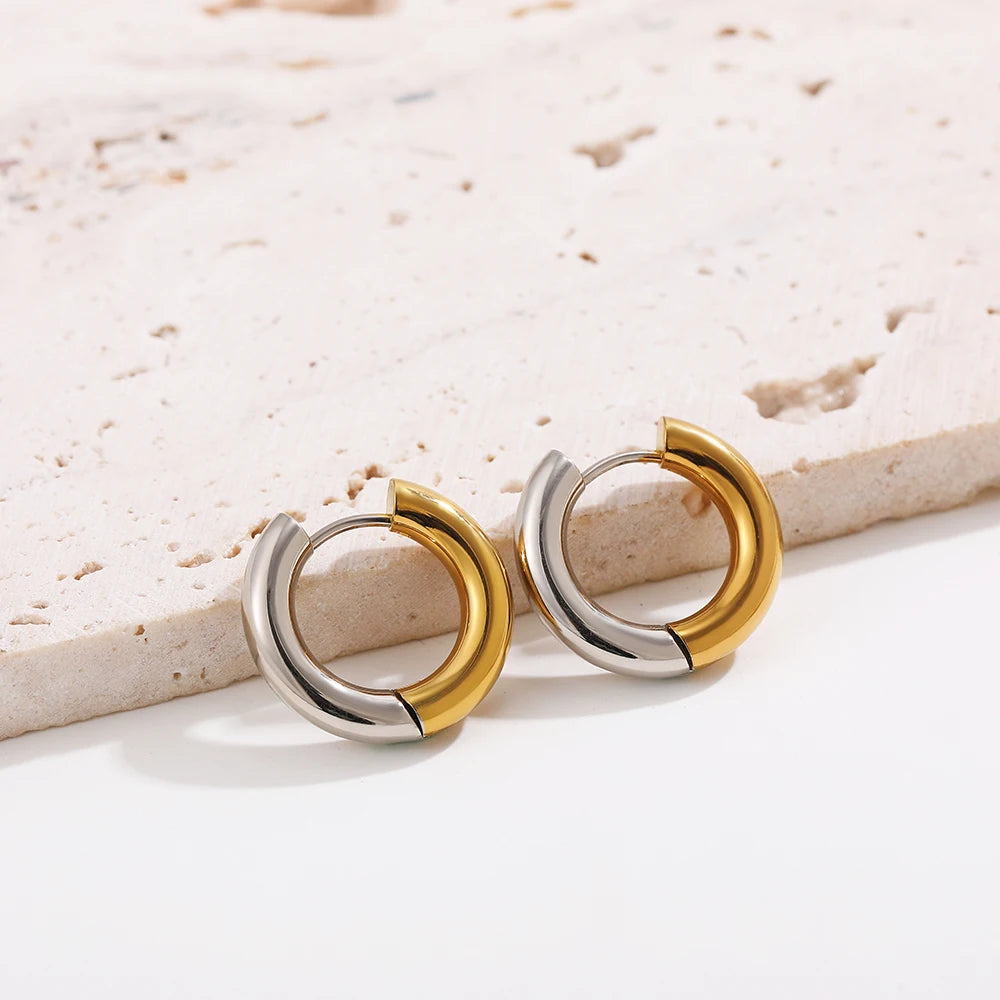 Punk Two Colors Stainless Steel Round Ring Huggies Earrings for Women Gold Plated Circle Hoop Ear Buckles Classic Solid Jewelry