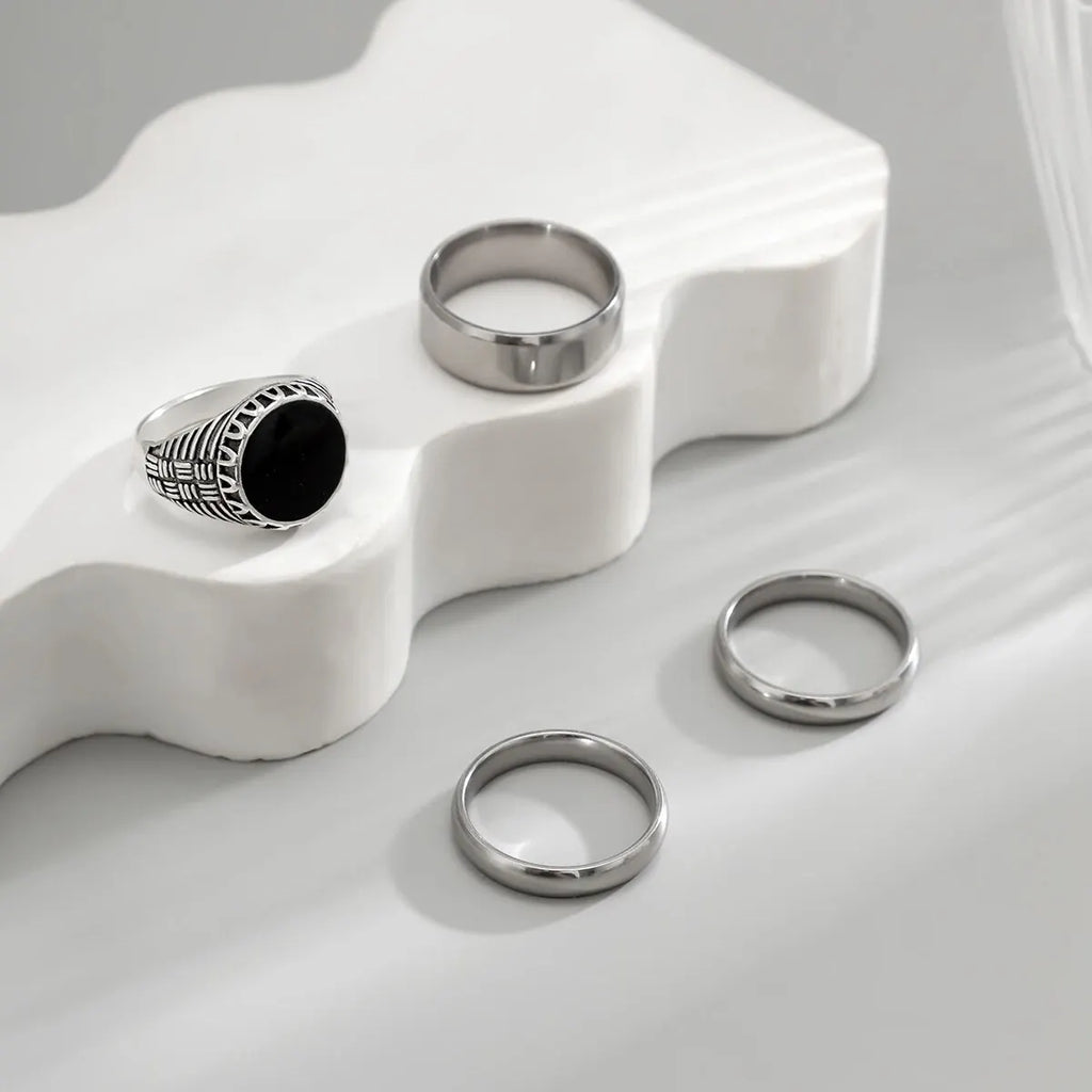 4Pcs Retro Simple Stainless Steel Wide Ring Men's Gothic Pattern Metal Ring Casual Jewelry