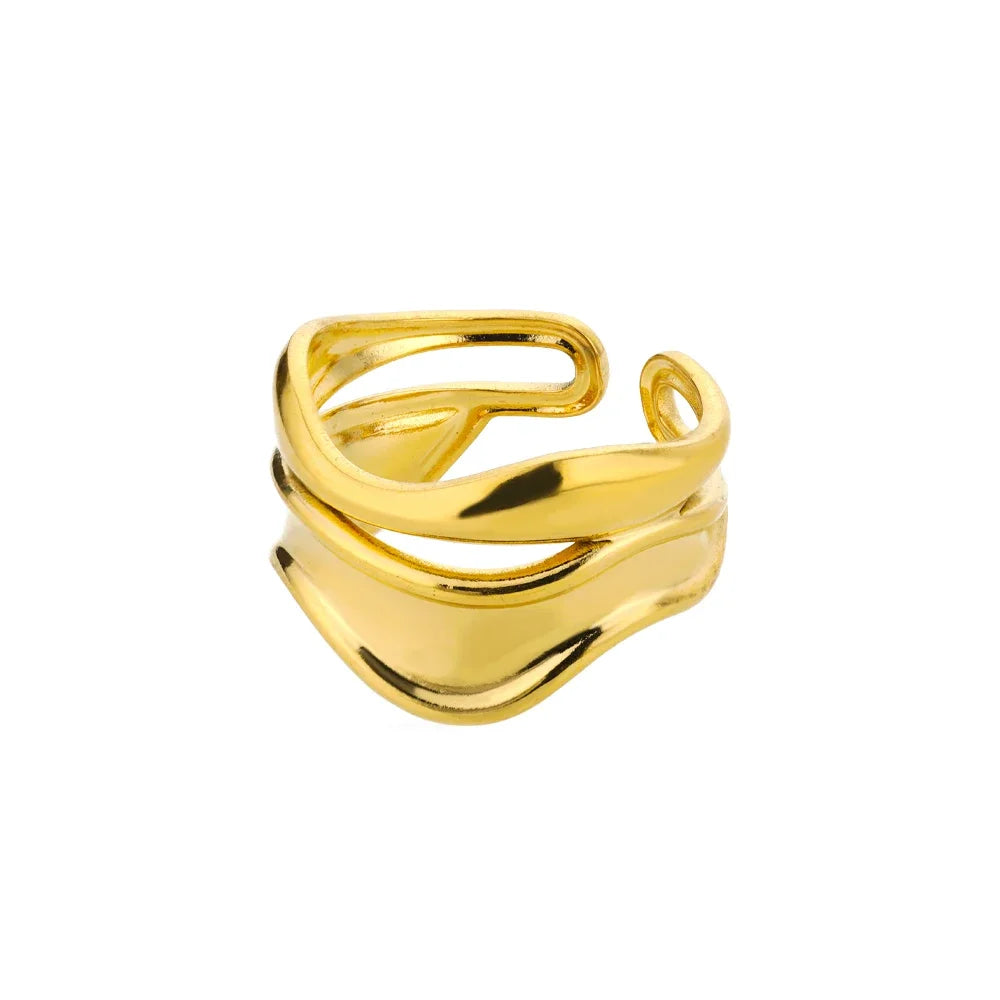 Stylish And Delicate Metallic Curved Wave Ring Double Line Irregular ladies Finger Ring Retro Atmosphere, Adjustable Jewelry Gif