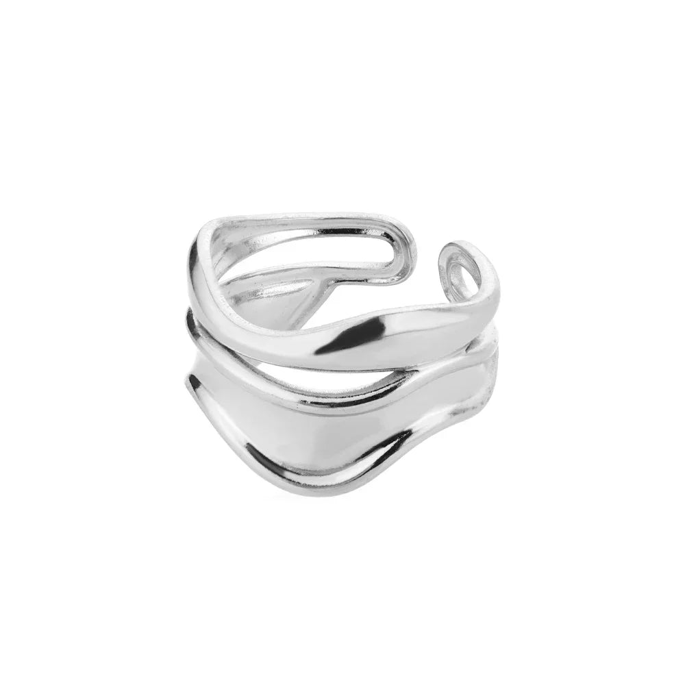 Stylish And Delicate Metallic Curved Wave Ring Double Line Irregular ladies Finger Ring Retro Atmosphere, Adjustable Jewelry Gif