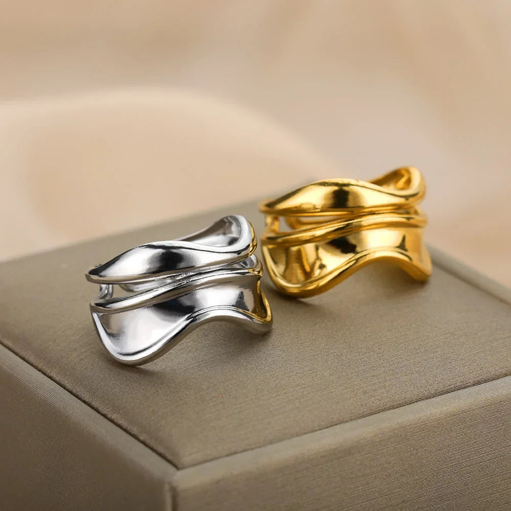 Stylish And Delicate Metallic Curved Wave Ring Double Line Irregular ladies Finger Ring Retro Atmosphere, Adjustable Jewelry Gif