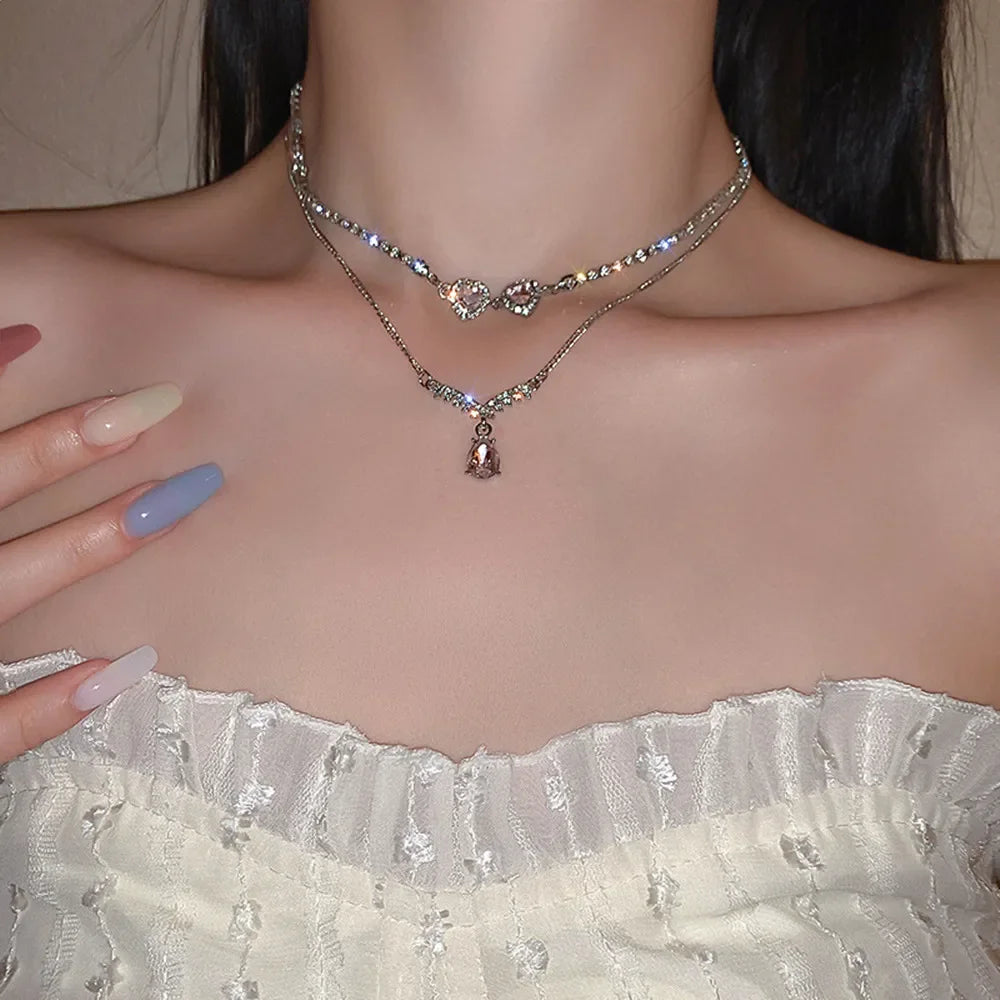 Angel Wings Heart Shape Pendant Necklaces Silver Color 5A Cubic Zirconia Minimalist Style Clavicle Chain Women and Girl Jewelry