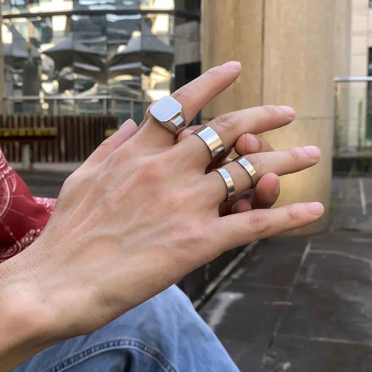 4Pcs Retro Simple Stainless Steel Wide Ring Men's Gothic Pattern Metal Ring Casual Jewelry