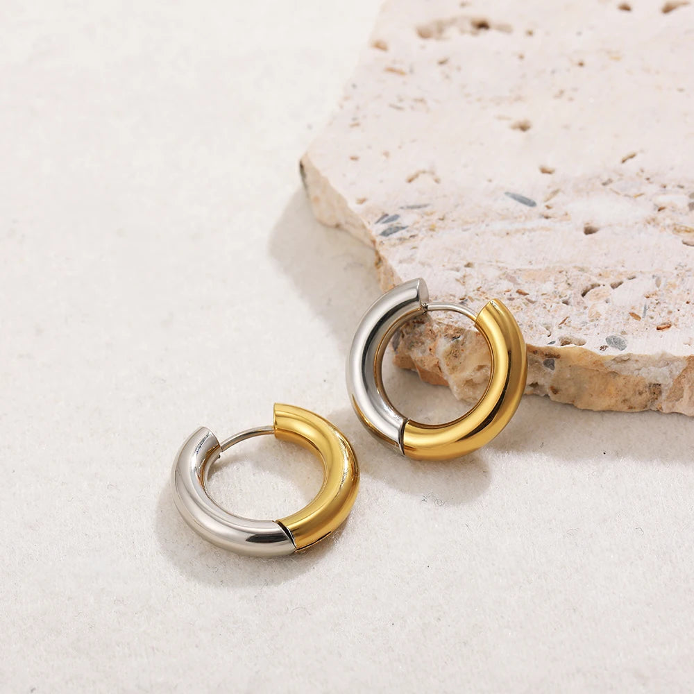 Punk Two Colors Stainless Steel Round Ring Huggies Earrings for Women Gold Plated Circle Hoop Ear Buckles Classic Solid Jewelry