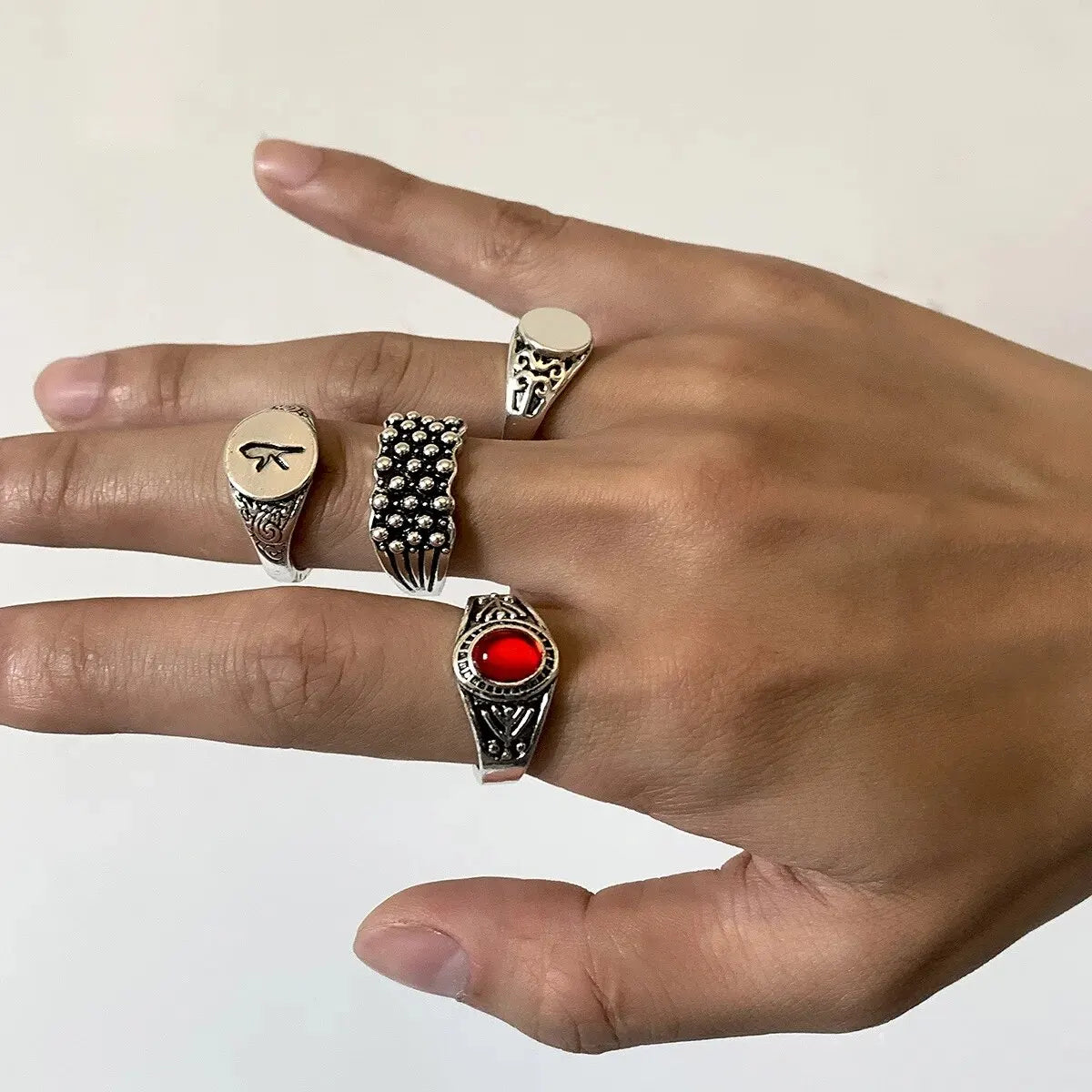 4Pcs Retro Simple Stainless Steel Wide Ring Men's Gothic Pattern Metal Ring Casual Jewelry
