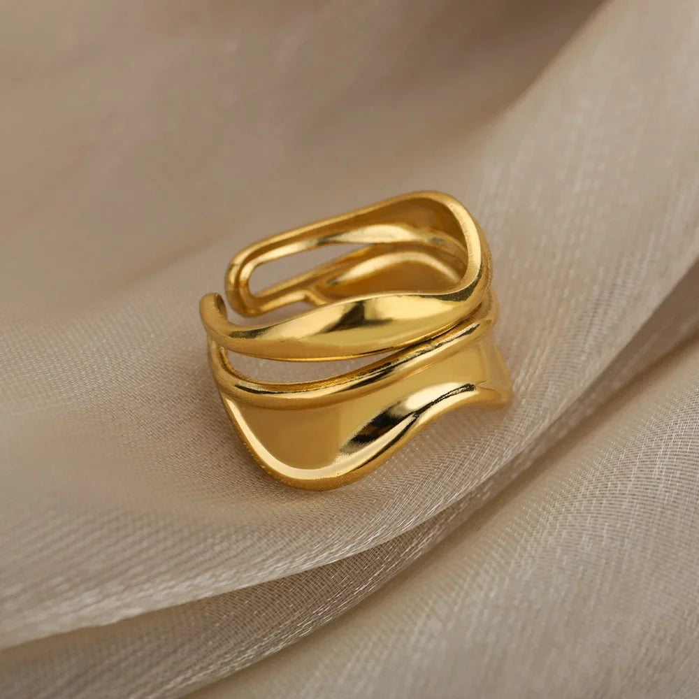 Stylish And Delicate Metallic Curved Wave Ring Double Line Irregular ladies Finger Ring Retro Atmosphere, Adjustable Jewelry Gif