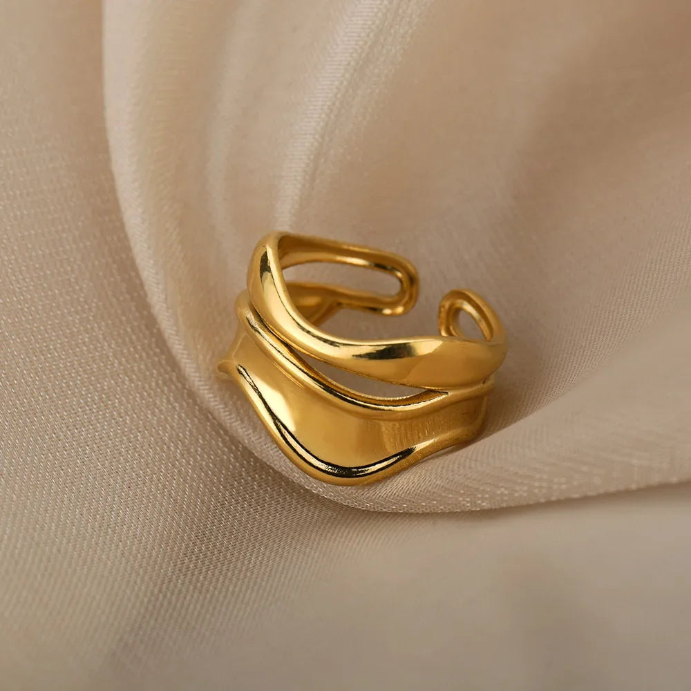 Stylish And Delicate Metallic Curved Wave Ring Double Line Irregular ladies Finger Ring Retro Atmosphere, Adjustable Jewelry Gif