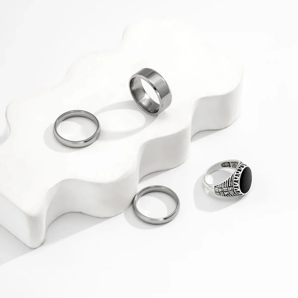 4Pcs Retro Simple Stainless Steel Wide Ring Men's Gothic Pattern Metal Ring Casual Jewelry