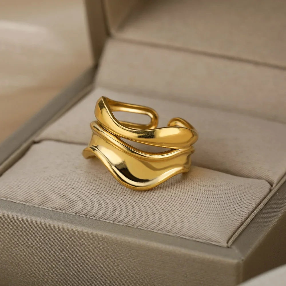 Stylish And Delicate Metallic Curved Wave Ring Double Line Irregular ladies Finger Ring Retro Atmosphere, Adjustable Jewelry Gif