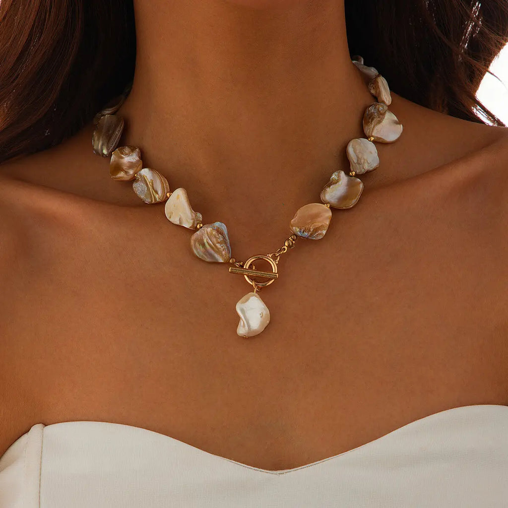 IngeSight.Z New Elegant Baroque Imitation Pearl Pendant Choker Necklace Women Trendy OT Buckle Bead Clavicle Chain Beach Jewelry