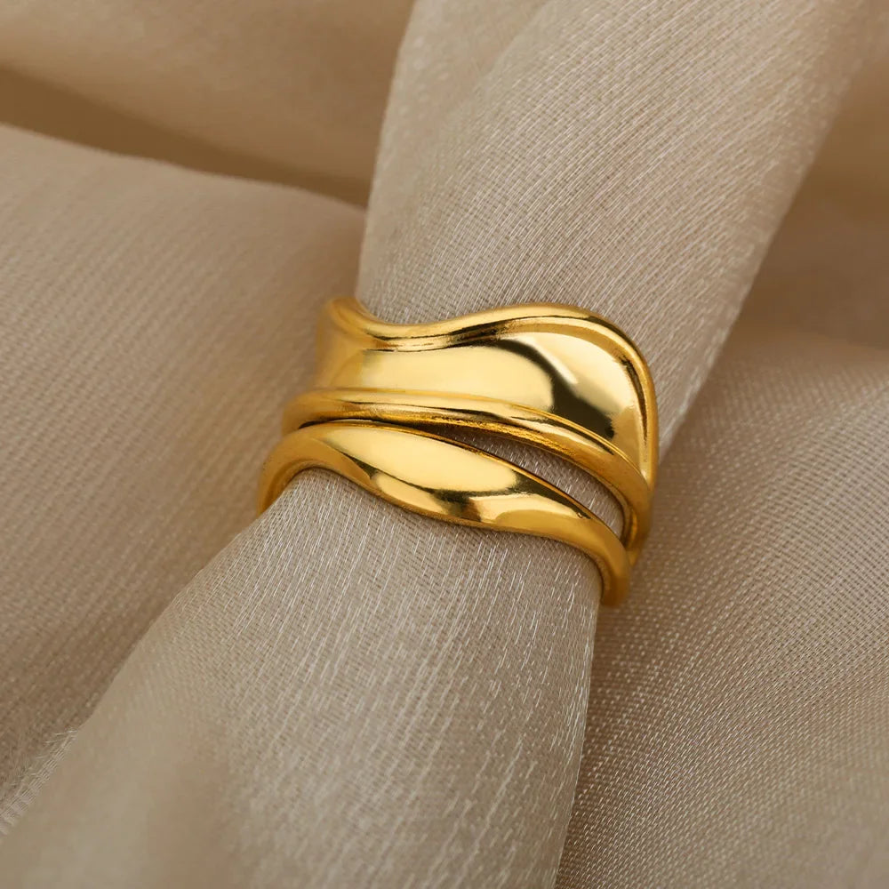 Stylish And Delicate Metallic Curved Wave Ring Double Line Irregular ladies Finger Ring Retro Atmosphere, Adjustable Jewelry Gif